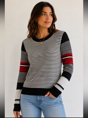 Freshman 1996 Striped Knit Sweater Top Color Block Long Sleeve Black Blue XL